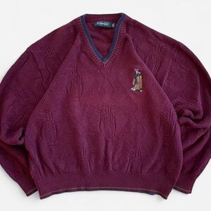 Vintage Carmel Burgundy Golf Pattern Knit Embroidered Golf Clubs V-Neck Sweater
